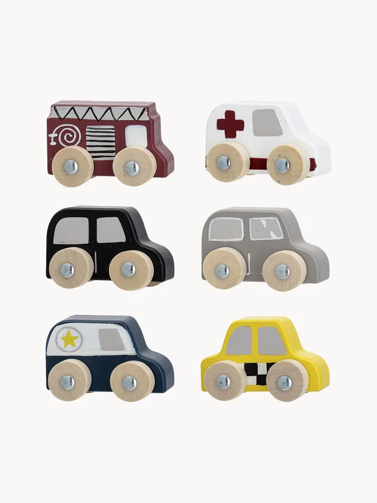 Bloomingville Mini Набор игрушек Multi: 6 деревянных машинок в подарочном мешочке, 20х23х5 см, разноцветный