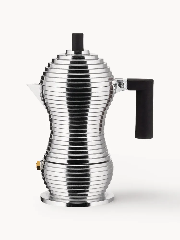 Alessi Кофеварка гейзерная Pulcina алюминиевая на 70 мл, высота 17 см, для газовых и электрических плит, серебристая с чёрным