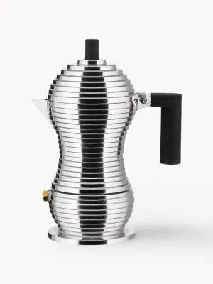 Alessi Кофеварка гейзерная Pulcina алюминиевая на 70 мл, высота 17 см, для газовых и электрических плит, серебристая с чёрным