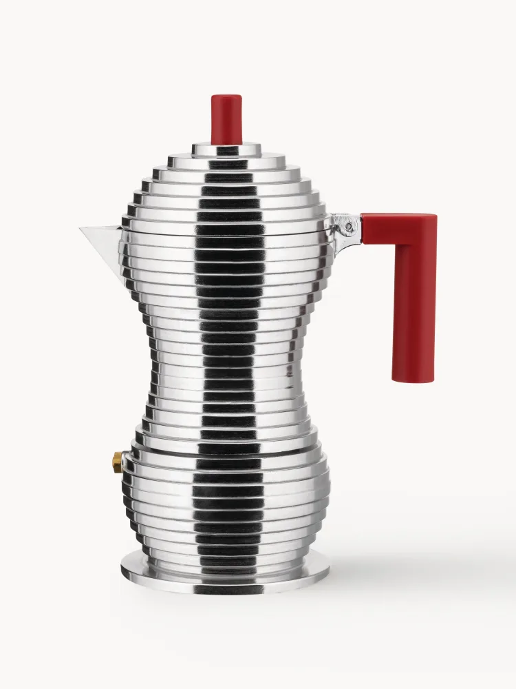 Alessi Гейзерная кофеварка Pulcina на 150 мл из литого алюминия, для газовых и электрических плит, серебристая с красным