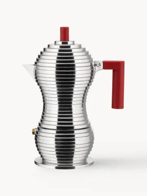 Alessi Гейзерная кофеварка Pulcina на 150 мл из литого алюминия, для газовых и электрических плит, серебристая с красным