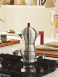 Alessi Гейзерная кофеварка Pulcina на 150 мл из литого алюминия, для газовых и электрических плит, серебристая с красным — фото 4