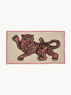 Bongusta Коврик Pink Tiger из шерсти ручной работы с тигром, 52 х 90 см, светло-бежевый с красным