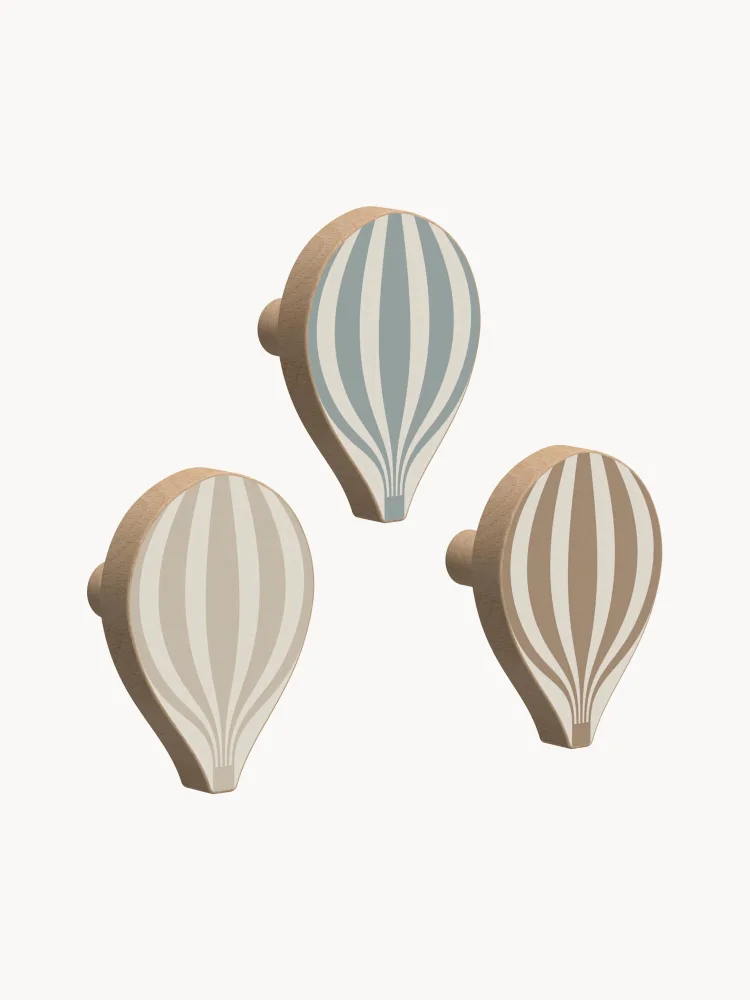 Cam Cam Copenhagen Крючки настенные детские Ballon из бука ручной работы, набор 3 шт., высота 10 см, серо-голубые с бежевым