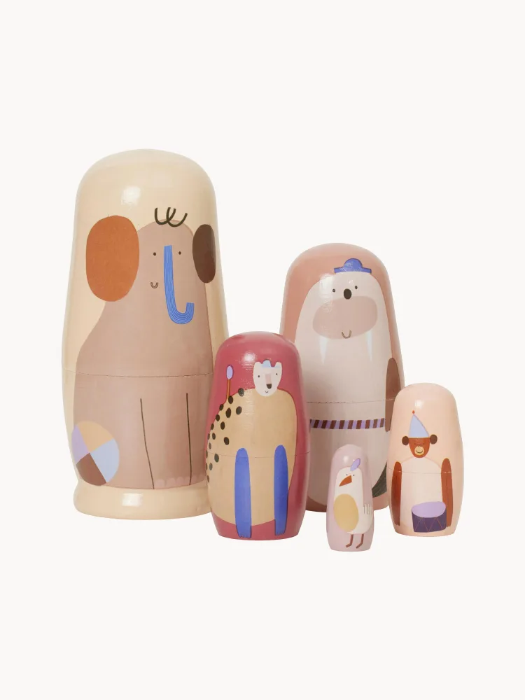 Ferm Living Kids Набор игрушек деревянных Critter в виде зверей-матрёшек, 5 фигурок, самая крупная 6х14 см, разноцветный