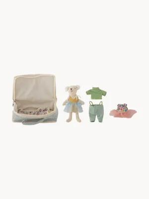 Bloomingville Mini Кукла Лара текстильная с сумкой и одеждой, набор 6 предметов, высота куклы 14 см, молочно-белая с голубым