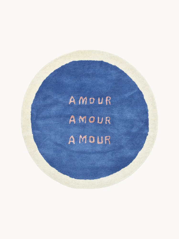 Bongusta Ковер Amour круглый из шерсти ручной работы с надписью, диаметр 90 см, синий с кремово-белым