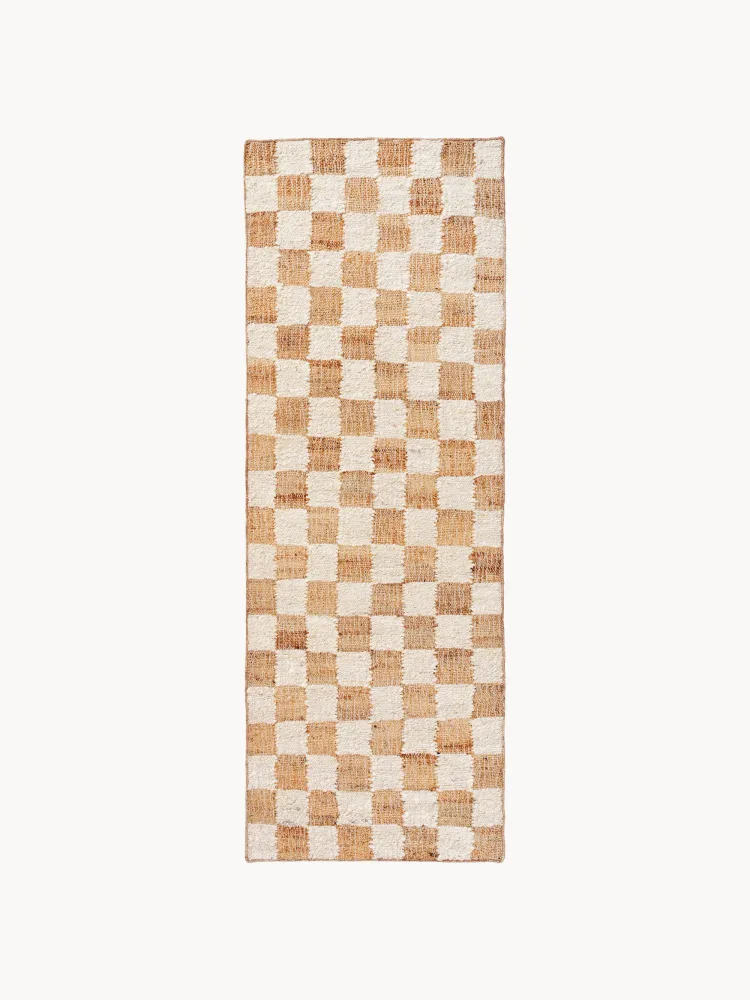 Ferm Living Ковер Check ручного ткачества из шерсти и джута в клетку, дорожка 70х180 см, молочно-белый с бежевым