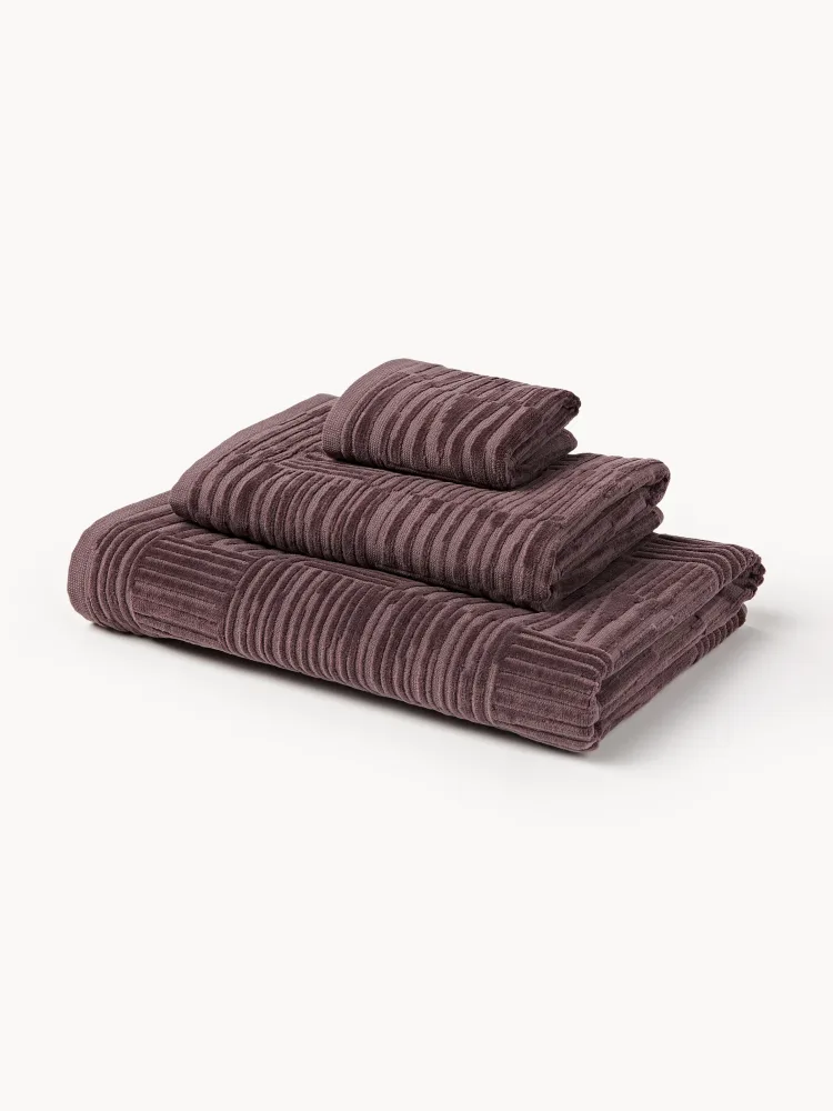Westwing Collection Комплект велюровых полотенец Petra с геометрическим узором, 3 предм. (гостевое полотенце, полотенце для рук, банное полотенце), Тёмный фиолетовый