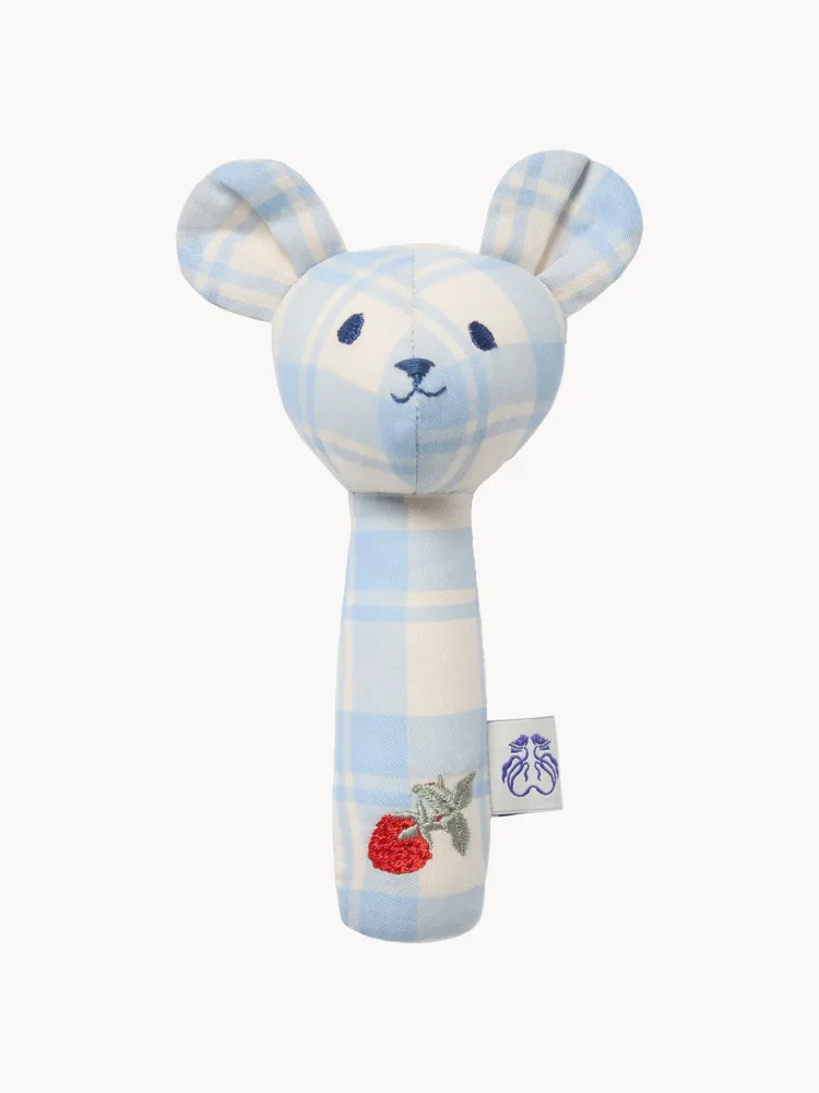 Garbo&Friends Погремушка Bear мягкая из хлопка в форме медвежонка, 14 х 22 х 5 см, молочно-белая с голубым и красным
