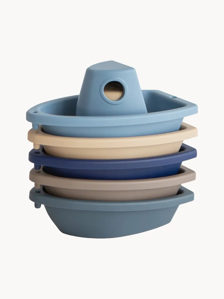 Mushie Набор игрушек для ванной Kids Bath Boats из полипропилена, 5 лодочек, 12х6х6 см, оттенки синего и бежевый