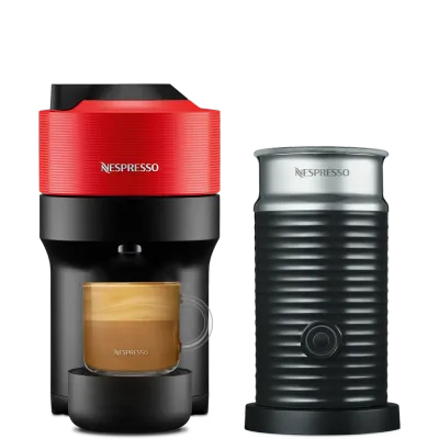 Кофемашина Nespresso Vertuo Pop красная и Aeroccino 3
