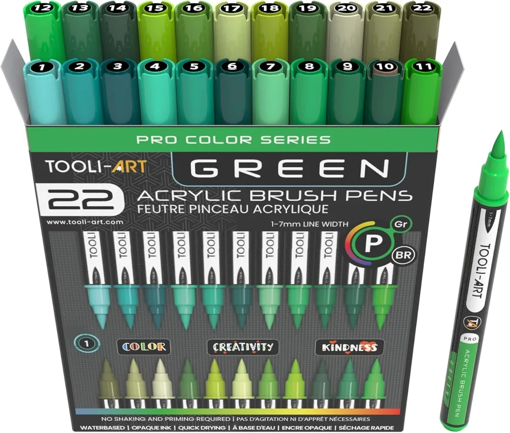 TOOLI-ART акриловые маркеры фломастеры, 22 шт., 1-7 мм Green