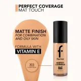 flormar Perfect Coverage Mat Touch Foundation - Матирующий тональный крем для жирной и комбинированной кожи оттенок 303 Classic Beige, 30 ml — фото 3