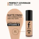 flormar Perfect Coverage Mat Touch Foundation - Матирующий тональный крем для жирной и комбинированной кожи оттенок 301 Soft Beige, 30 ml — фото 3