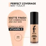 flormar Perfect Coverage Mat Touch Foundation - Матирующий тональный крем для жирной и комбинированной кожи, 30 мл, оттенок 308 Fair Ivory — фото 3