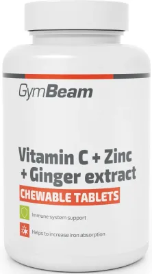 GymBeam Vitamin C + Zinc + Ginger Extract - Таблетки для сосания для укрепления иммунитета и зубов, а также для красивых волос, ногтей и кожи, 90 tabletek
