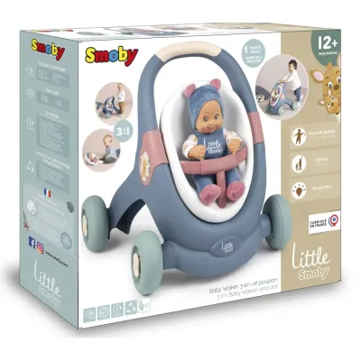 Коляска-ходунок для куклы Smoby Little 140308 3 в 1 с пупсом для детей от 12 месяцев