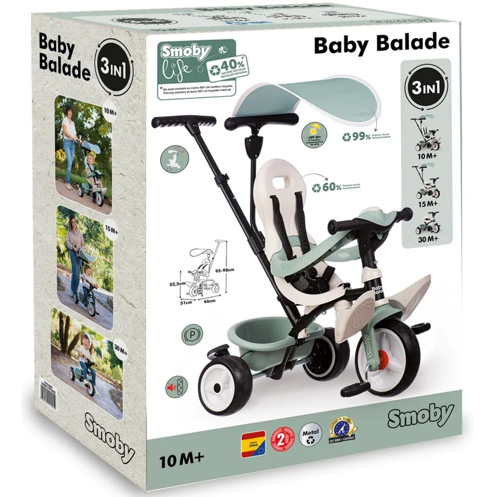 Детский трёхколёсный велосипед Smoby Life Baby Balade Plus 741405 3в1 от 10 месяцев