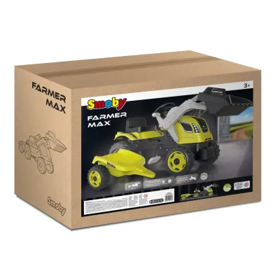 Детский педальный трактор Smoby Farmer MAX 710132 с ковшом и прицепом зелёный от 3 лет