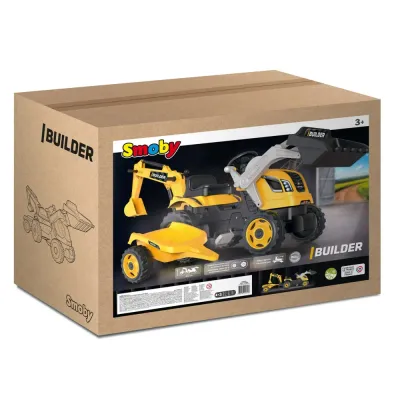 Детский педальный трактор Smoby Builder MAX 710304 с ковшом экскаватором и прицепом жёлтый от 3 лет