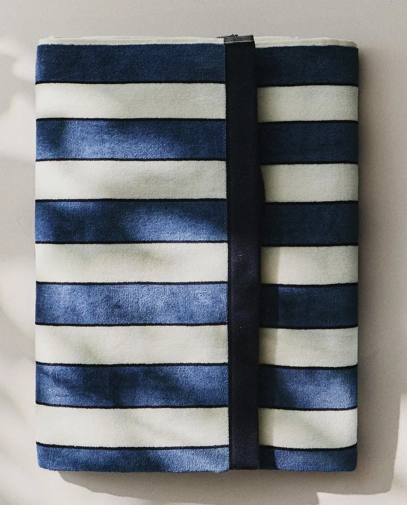 Zara Home Пляжное полотенце из хлопка, голубой, в полоску, 180x100 см