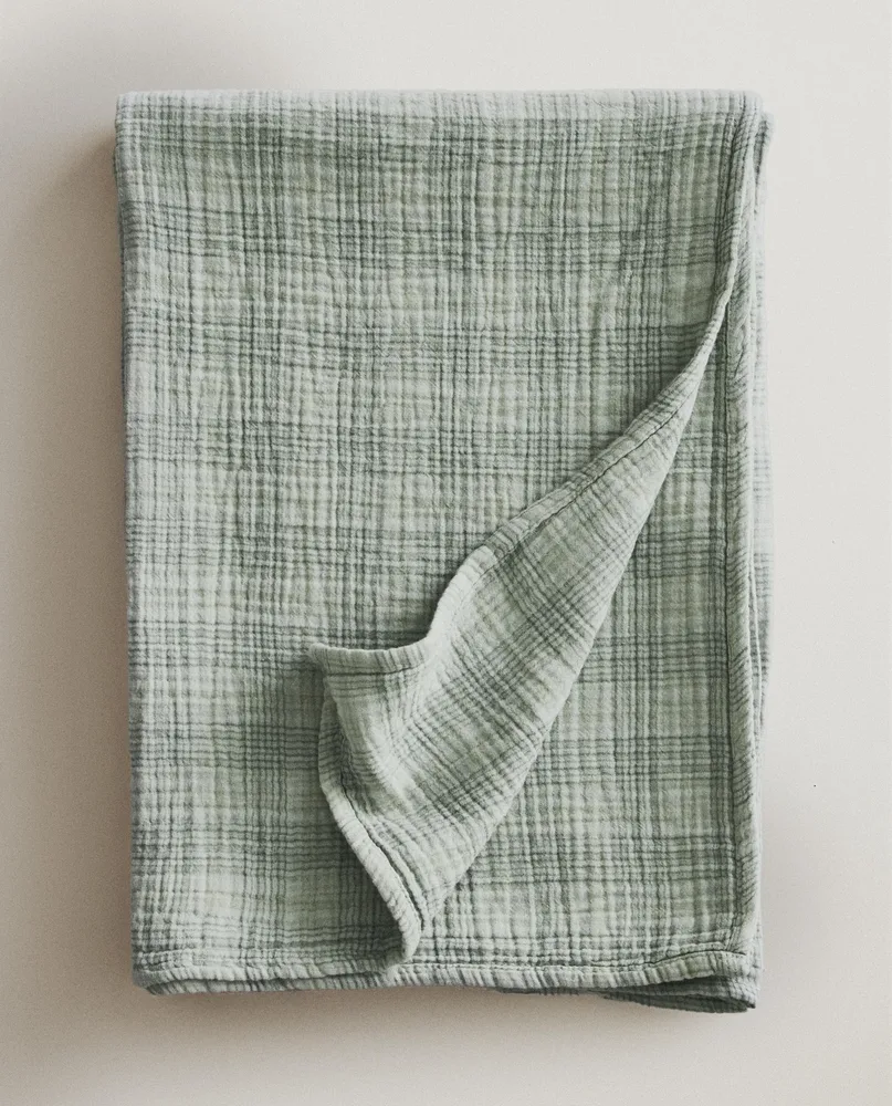 Zara Home плед из хлопка, зелёный, в клетку · 3196/004