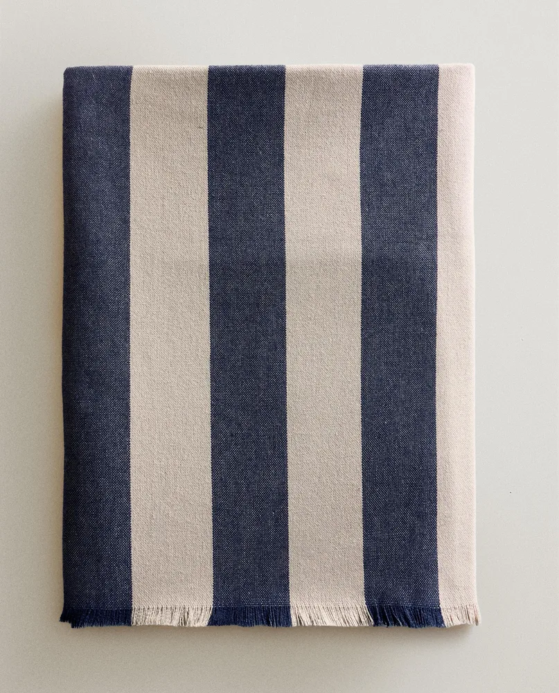Zara Home плед из хлопка, синий, в полоску · 6376/004
