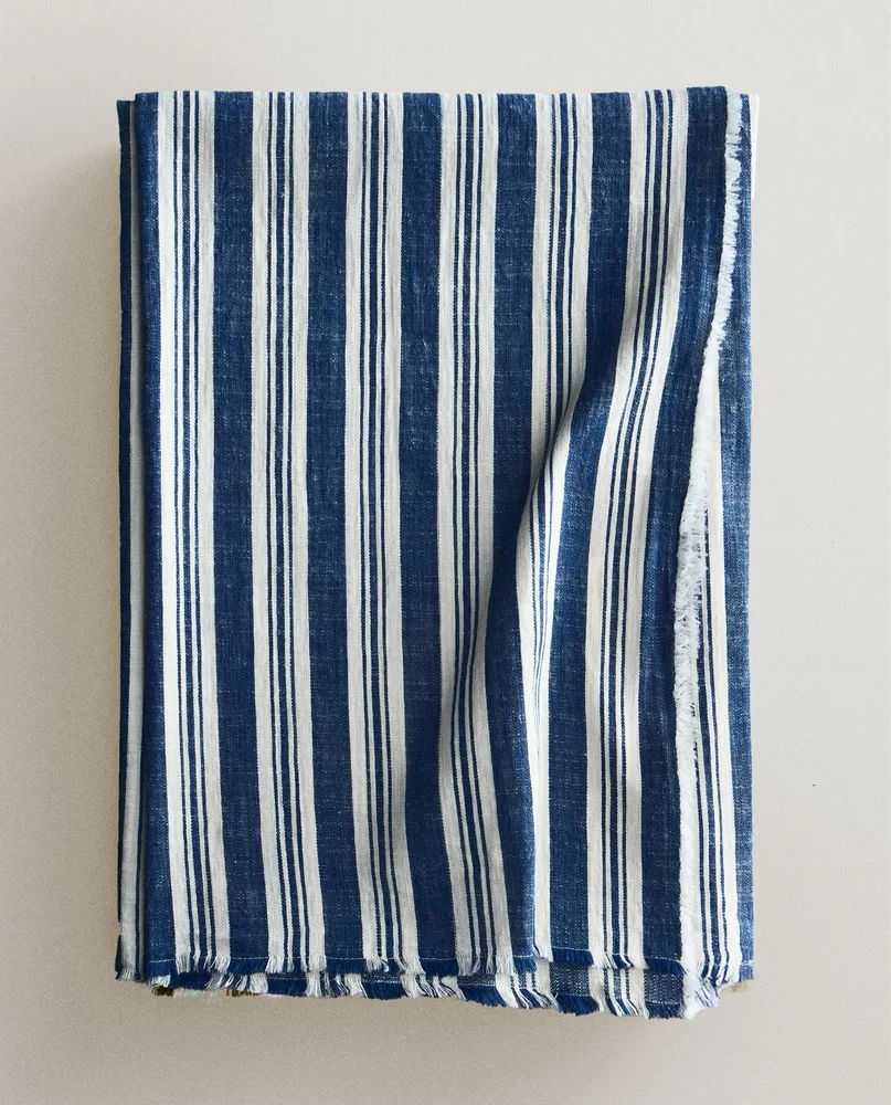 Zara Home плед из хлопка, синий, в полоску · 9126/004