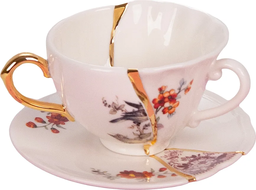 Чашка с блюдцем Seletti Kintsugi 1, фарфор, разноцветная