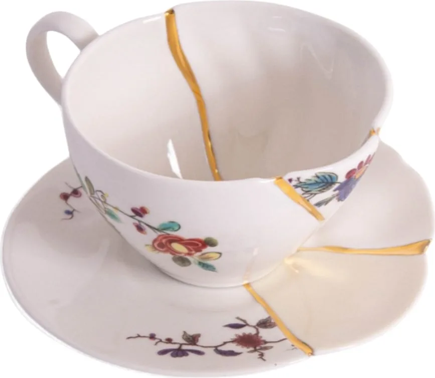 Чашка с блюдцем Seletti Kintsugi 2, фарфор, разноцветная