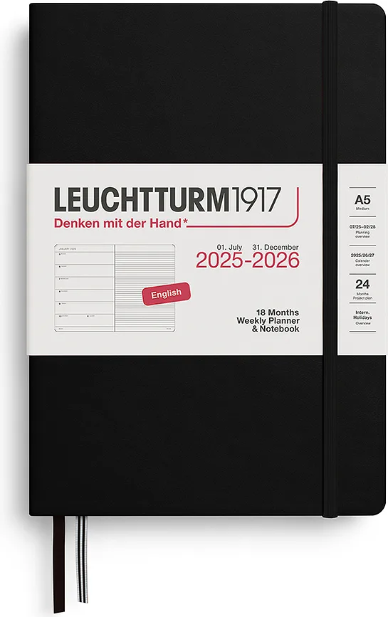 Блокнот Leuchtturm 1917, z notatnikiem 2025/2026 18M EN, A5, в линейку, чёрный