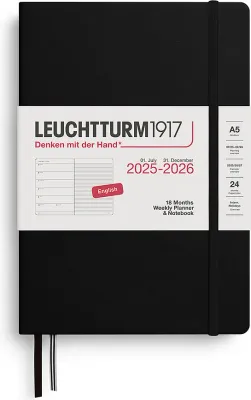 Блокнот Leuchtturm 1917, z notatnikiem 2025/2026 18M EN, A5, в линейку, чёрный