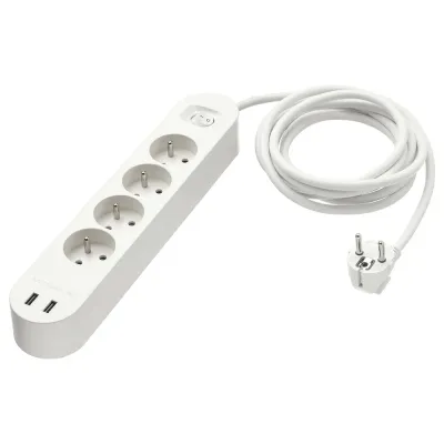 IKEA KOPPLA (ИКЕА КОППЛА) — Удлинитель 4 розетки/2 порта USB, белый 3.0 м