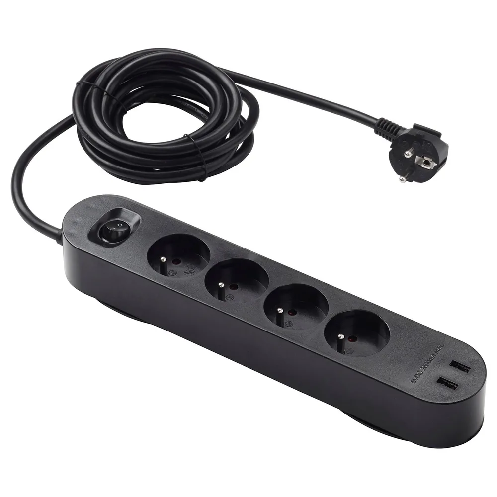 IKEA KOPPLA (ИКЕА КОППЛА) — Удлинитель 4 розетки/2 порта USB, чёрный 3.0 м