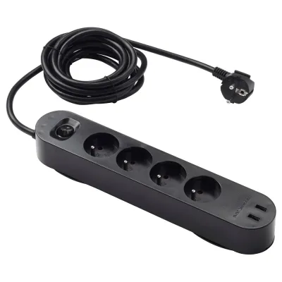 IKEA KOPPLA (ИКЕА КОППЛА) — Удлинитель 4 розетки/2 порта USB, чёрный 3.0 м