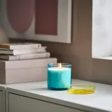 IKEA DVÄRGHÖK (ИКЕА ДВЭРГХЁК) — Ароматическая свеча в стакане с крышкой, Фиговый лист синий/светло-желтый 50 ч — фото 2
