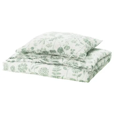 IKEA NÅLBJÖRNBÄR (ИКЕА НОЛБЙЁРНБЭР) — Пододеяльник и наволочка, белый серо-зелёный/цветочный узор 150x200/50x60 см