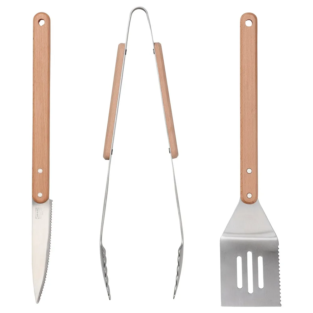 IKEA GRILLTIDER (ИКЕА ГРИЛЛТИДЕР) — Набор аксессуаров для гриля, 3 предмета, нержавеющая сталь/бук