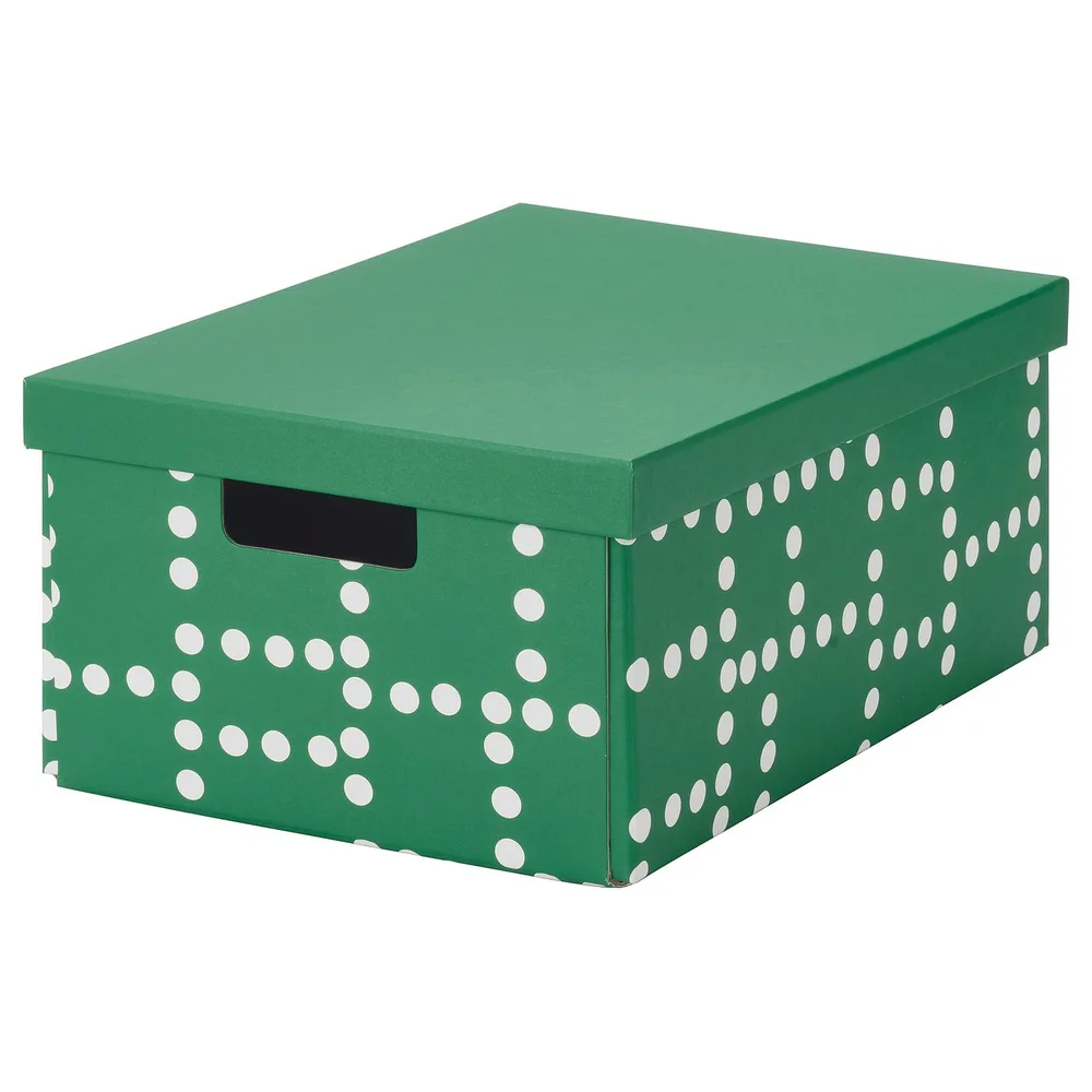 IKEA FJÄDERHARV (ИКЕА ФЙЭДЕРХАРВ) — Коробка с крышкой, зелёный/в горошек 25x35x16 см