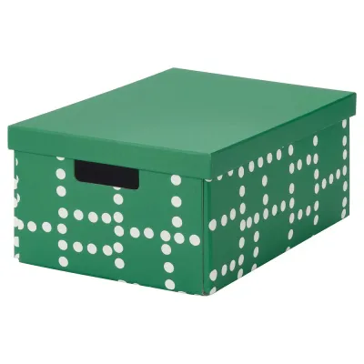 IKEA FJÄDERHARV (ИКЕА ФЙЭДЕРХАРВ) — Коробка с крышкой, зелёный/в горошек 25x35x16 см