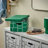 IKEA FJÄDERHARV (ИКЕА ФЙЭДЕРХАРВ) — Коробка с крышкой, зелёный/в горошек 25x35x16 см — фото 2