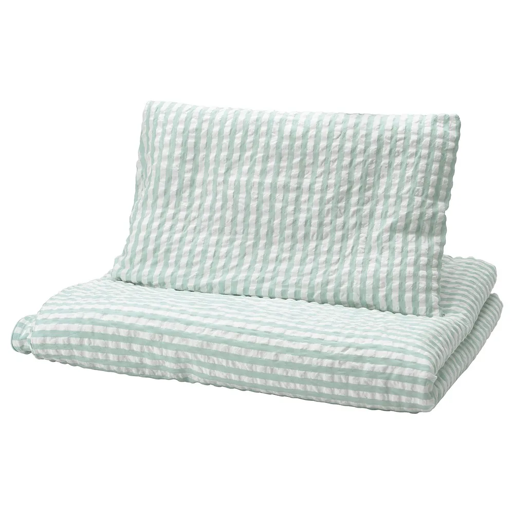 IKEA LEN (ИКЕА ЛЕН) — Пододеяльник и наволочка для кроватки, бело-синий/узор в полоску кора 110х125/35х55 см