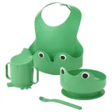IKEA MATA (ИКЕА МАТА) — Набор посуды, слюнявчик и ложка, 4 шт., ярко-зелёный — фото 1