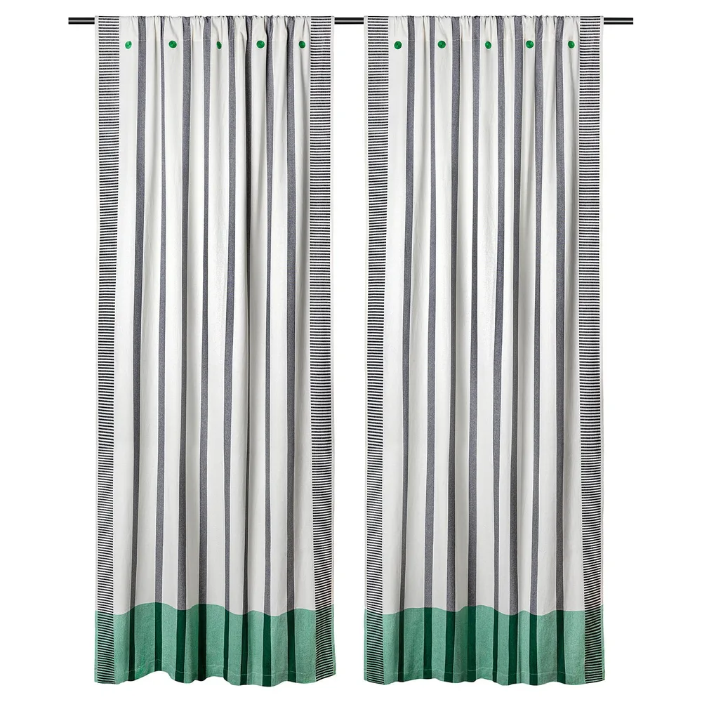 IKEA MÄVINN (ИКЕА МЭВИНН) — Штора, 2 шт., чёрно-белая в зелёную полоску, 110x250 см
