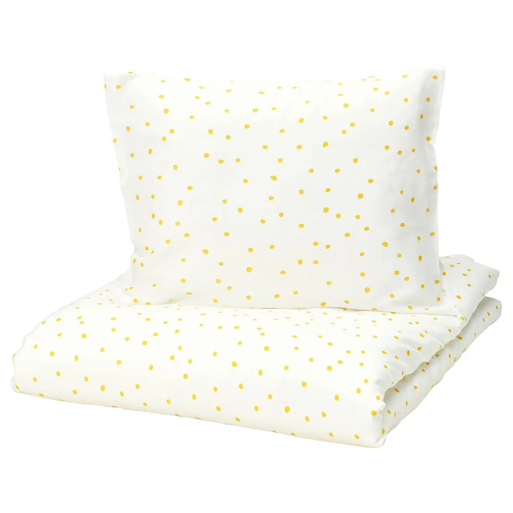 IKEA BARNDRÖM (ИКЕА БАРНДРЁМ) — Пододеяльник и наволочка, белый жёлтый/горошек 150x200/50x60 см