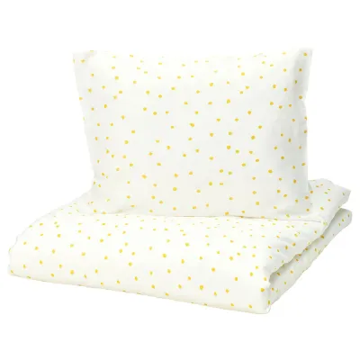 IKEA BARNDRÖM (ИКЕА БАРНДРЁМ) — Пододеяльник и наволочка, белый жёлтый/горошек 150x200/50x60 см