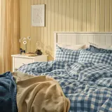 IKEA EKTANDVINGE (ИКЕА ЕКТАНДВИНГЕ) — Пододеяльник и наволочка, тёмно-синий белый/в клетку 150х200/50х60 см — фото 3