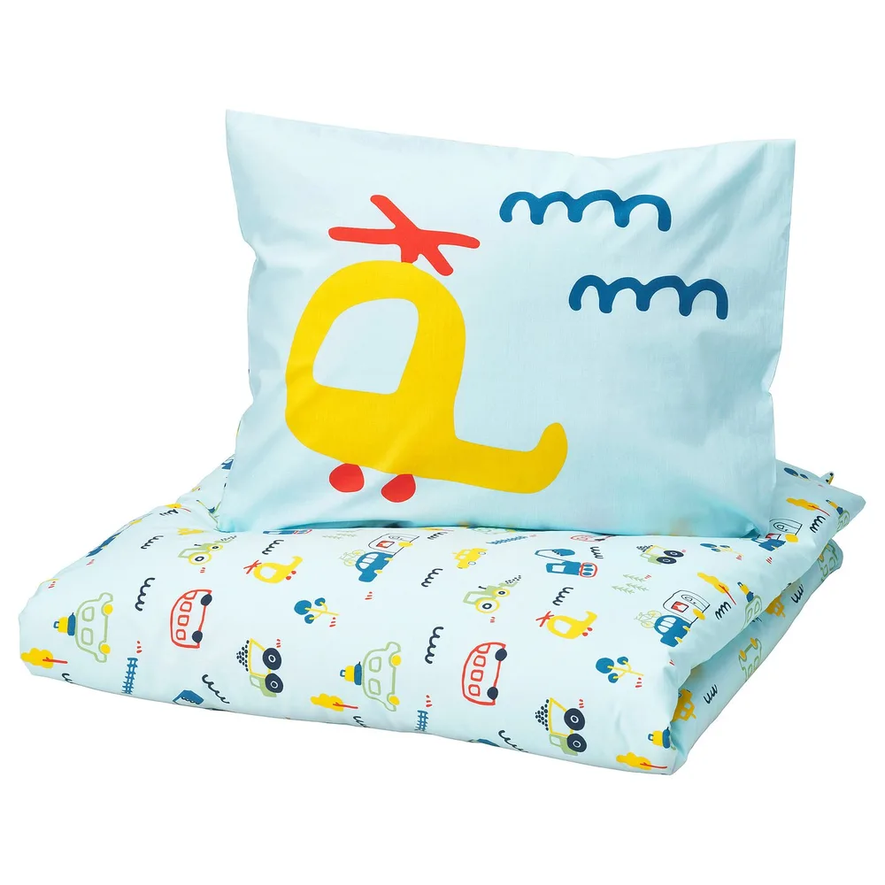 IKEA BARNDRÖM (ИКЕА БАРНДРЁМ) — Пододеяльник и наволочка, синий/с рисунком техники 150x200/50x60 см