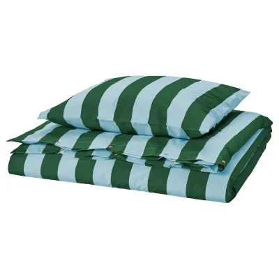 IKEA SLÅNHÖSTMAL (ИКЕА СЛОНХЁСТМАЛ) — Пододеяльник и наволочка, светло-голубой/тёмно-зелёный в полоску 150x200/50x60 см